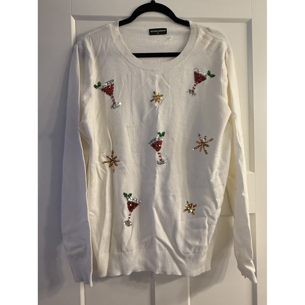 Vintage Victoria‎ Harbour 80's White Embroidered Sequins Beaded Sweater XL